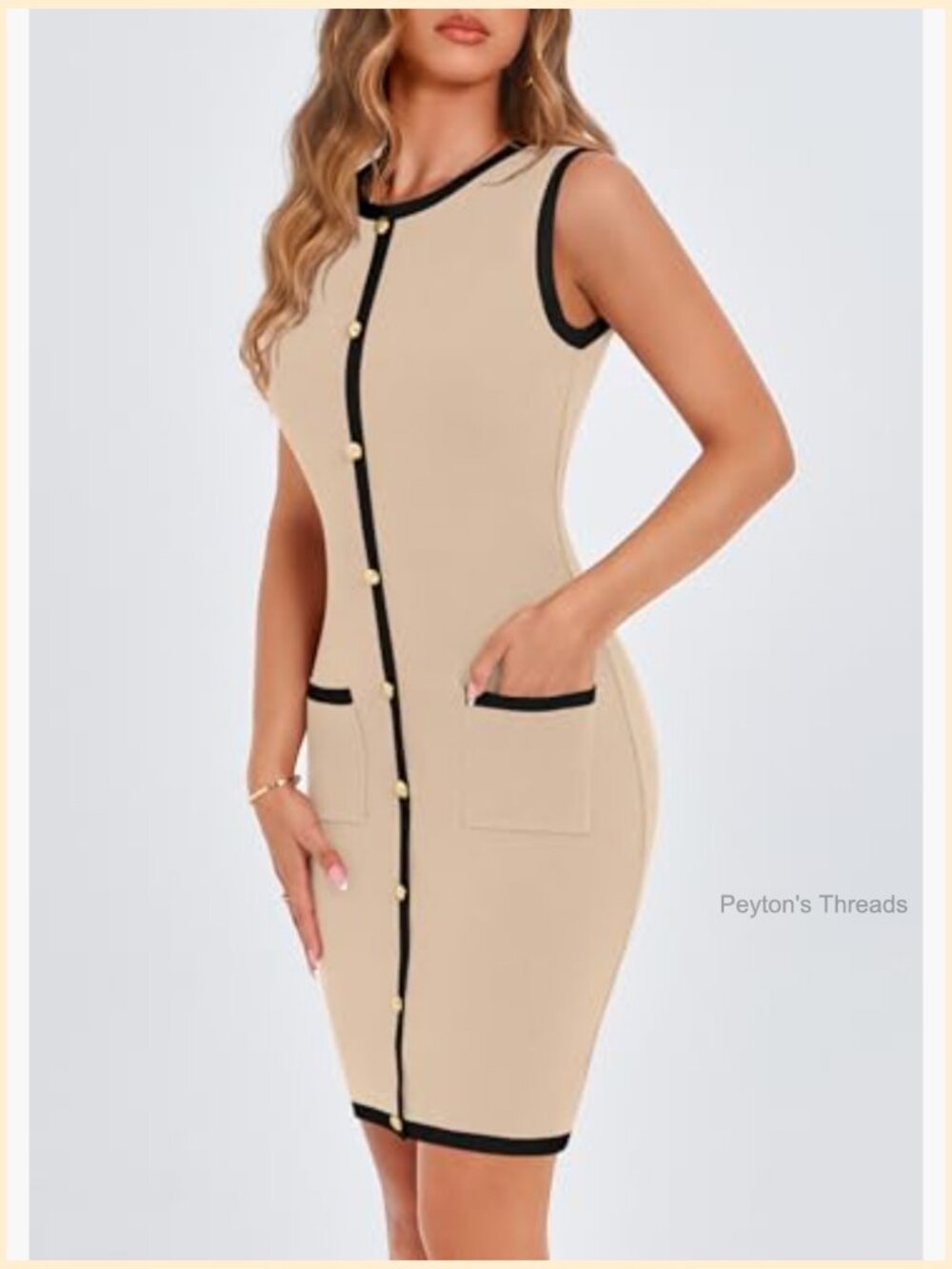 Sleeveless Crew Neck Knit Bodycon Mini Dress Patch Pockets Button Decor - Picture 6 of 7